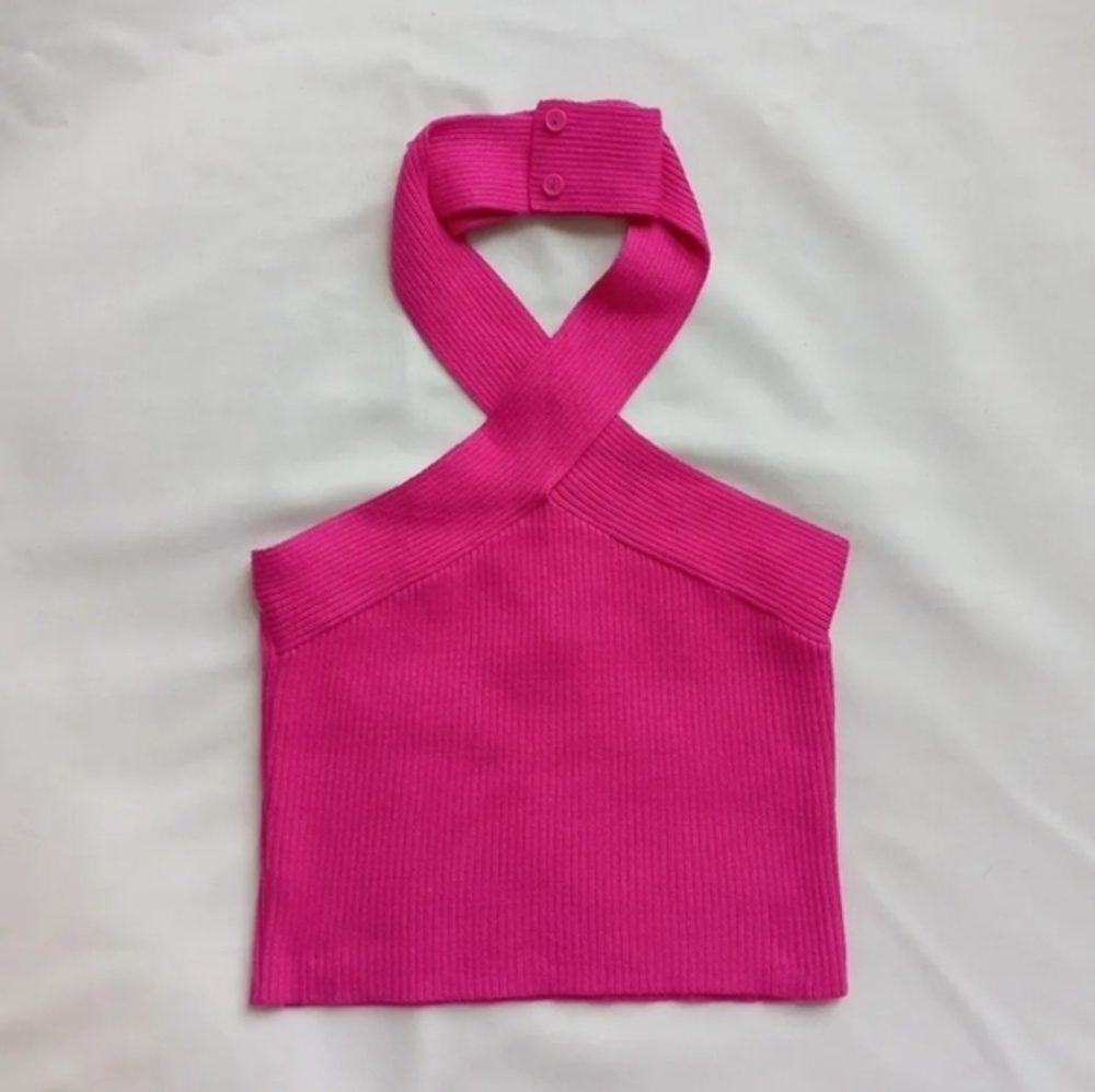 Pink Halter Ribbed Knit Top